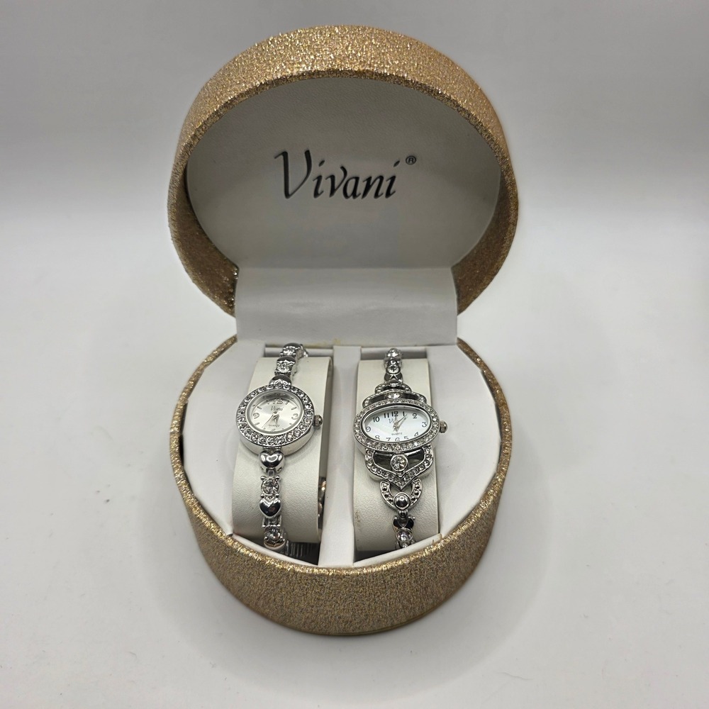 Vivani Silver Tone Crystal Watch Set of 2 Round Heart Link & Oval Filigree